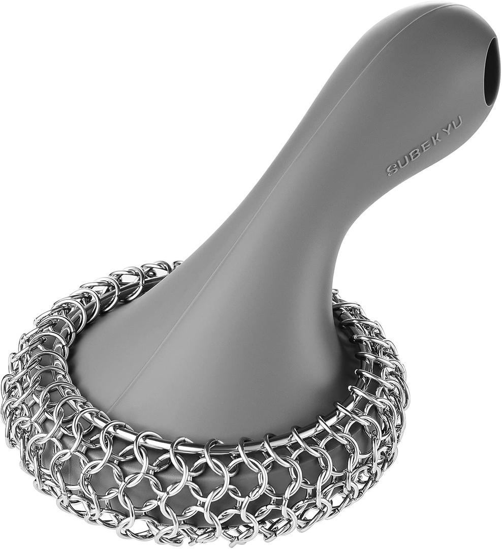 SUBEKYU Cast Iron Scrubber with Silicone Handle, Stainless Steel Cast Iron Skillet Cleaner Chainmail Scrubber for Pans, Grey