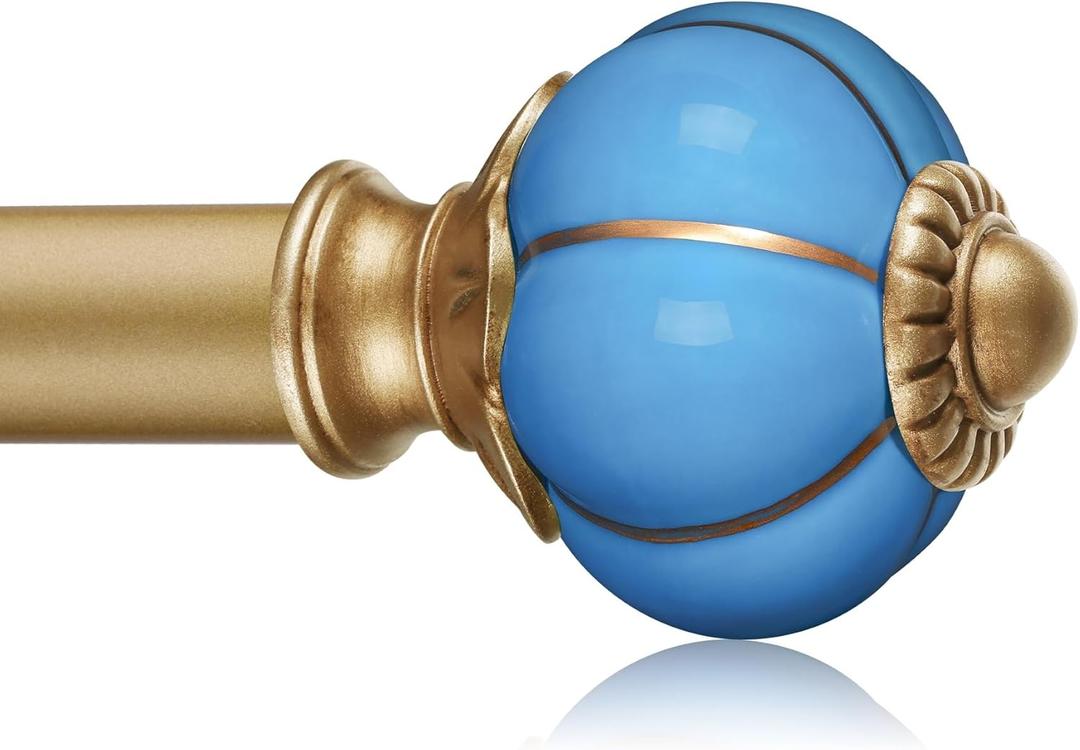 Ceramic Curtain Rods for Windows 18 to 55 Inch, 1 Inch Adjustable Telescoping Drapery Rod Heavy Duty Window Treatment Single Curtain Rod Set for Bedroom, Gold Blue