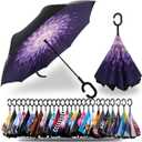 SIEPASA 49/56 Inch Inverted Reverse Upside Down Umbrella, Extra Large Double Canopy Vented Windproof Waterproof Stick Golf Umbrellas with C-shape Handle. (Purple Dahlia)