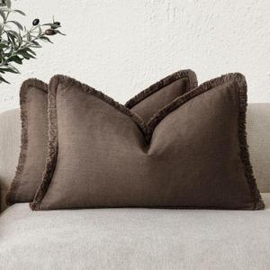 Foindtower Set of 2 Decorative Linen Fringe Throw Pillow Covers Boho Farmhouse Cushion Cover with Tassels Lumbar Accent Pillowcase for Bed Couch Living Room Home Bedroom Decor,1224 Inch,Reddish Brown