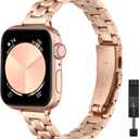 STIROLL Thin Replacement Band Compatible for Apple Watch 49mm 46mm 45mm 44mm 42mm(Series 3 2 1), Stainless Steel Metal Wristband Women Men for iWatch Ultra SE Series 11 10 9 8 7 6 5 4, Rose Gold