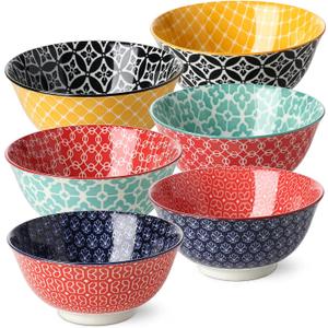 DOWAN Soup Bowls Set of 6, Cereal Bowls for Kitchen, 23 OZ Large Ceramic Bowl, Colorful Vibrant Patterned Porcelain Bowls for Kitchen Decor and Housewarming Gift, Dishwasher and Microwave Safe (Multicolor)