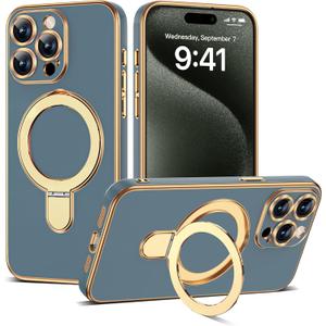 Compatible with iPhone 15 Pro Case with Magnetic Ring Stand [Compatible with Mag-Safe] [Full Camera Lens Protector] Soft Plating Phone Case for iPhone 15 Pro 6.1", Grey Blue