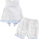 Toddler Girl Summer Outfit Letters Embroidery Cross Back Pinafore Top and Shorts Kids Striped Seersucker Clothes Set (Blue, 2-3T) (S)