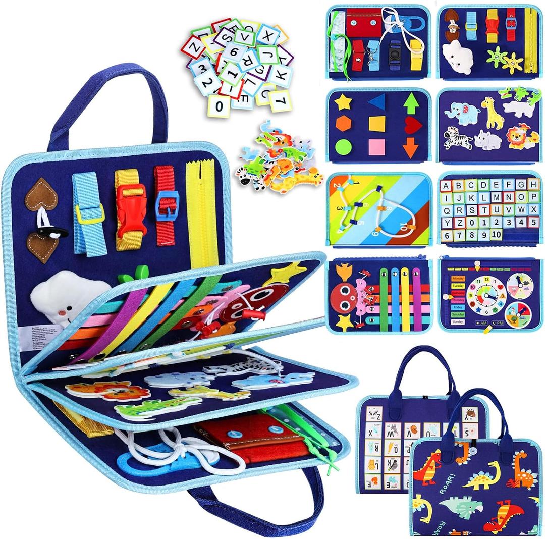 Esjay Toddler Busy Board Montessori Toys for Boys, Sensory Book Educational Activities for Learning Fine Motor Skills, Birthday Gifts for Boys Toddlers, Travel Toys for Airplane Car, Blue Dinosaur