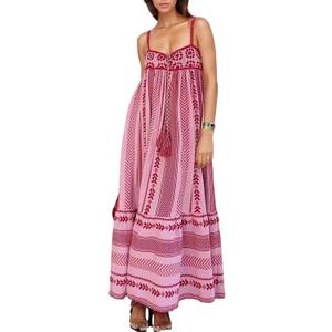 Women Boho Ethnic Maxi Dress Crochet Patchwork Slip Sleeveless Long Lace Flowy Swing Dress Beach Sundresses (Pink, S)