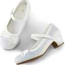 K KomForme Girl's Dress Shoes Mary Jane Glitter 1.5 in Low Heel Wedding Party Princess Shoes for Toddler/Little/Big Kids (White) 12 US
