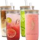 24 oz Glass Cups Set - 4 Pack Glasses Drinking Set with Leakproof Bamboo Lids & Glass Straws, Clear Kitchen Glasses Tumblers for Iced Coffee, Juice and Smoothie