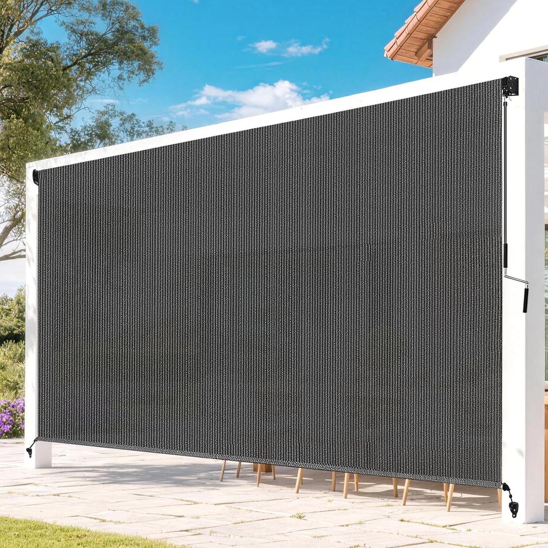 Outdoor Roller Shades for Patio, Gray 10' W x 8' H Cordless Patio Shades Roll Up Outdoor Blinds with Splicing Design, 90% UV Protection for Porch Gazebo Pergola