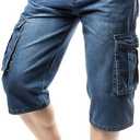 Idopy Men`s Motorcycle Loose Fit Cropped Work Jeans Denim Cargo Shorts (34, Blue)