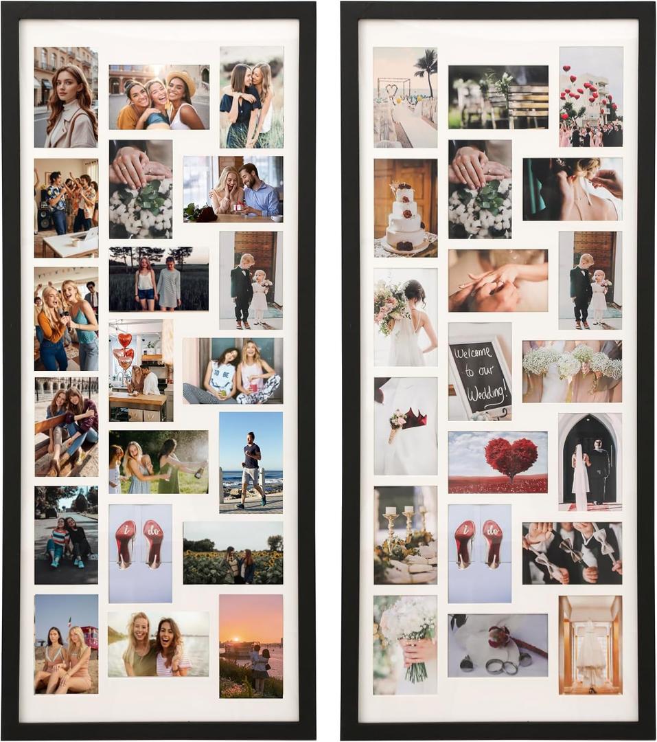 40x17 Inch Large Collage Photo Frame Set of 2, Holds 20 4x6 Photos, Solid Wood,Multi-Opening Wall Picture Frame with MatWall or Tabletop Decor,Black, 20 opening-wood-2Pcs