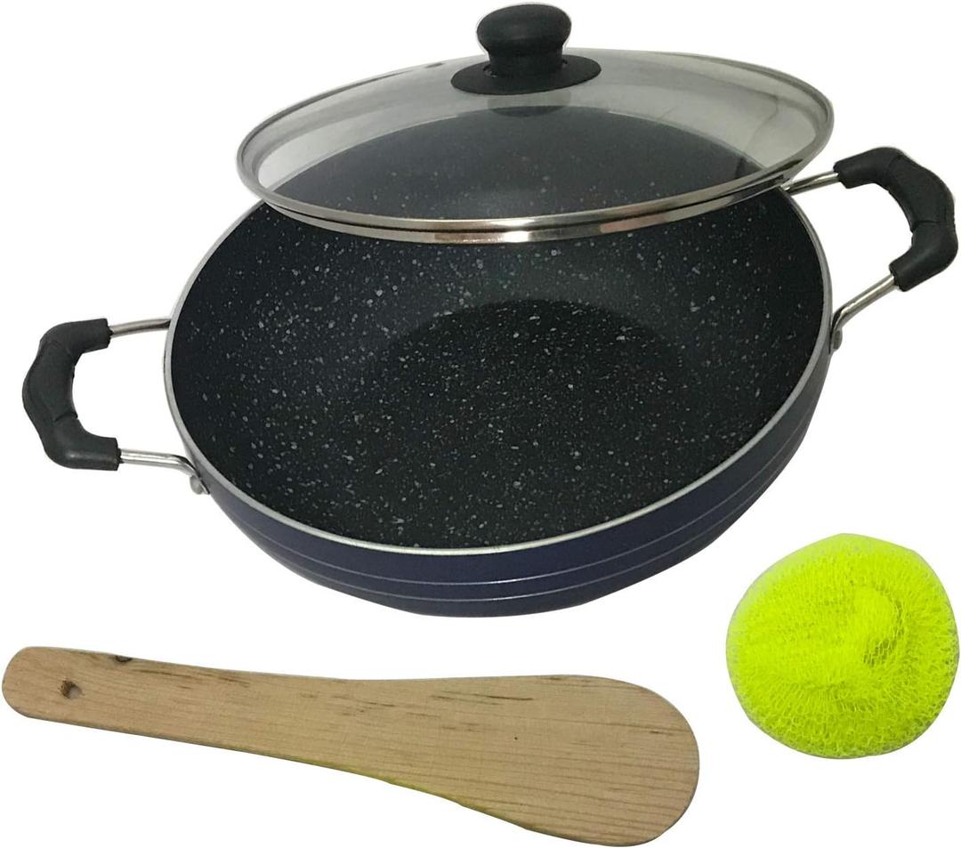 Deep Kadhai Induction Base Non-Stick Kadai with Glass Lid Frying Wok Flat Bottom Non Stick All Purpose Pan Aluminum Kadhai Deep Fry Pan 2.2 litre