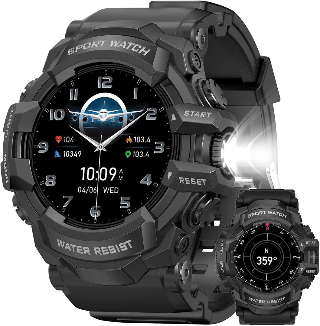 MIDDOW Military Smart Watch with Flashlight (Answer/Make Call) Compass, Heart Rate/Sleep/Pedometer/100+ Sports Modes, Fitness Tracker IP68 Waterproof, Long Battery Life Android & iOS (Black)