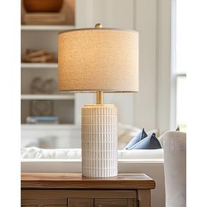 PoKat 23'' Bedside Table Lamp for Bedroom Nightstands, Ceramic Lamp for Living Room, White Night Stand Light with Round Linen Shade, Modern, Silver (Singe - Beige and White)