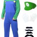 Halloween Costume Adult Plumber Jumpsuit with Hat Gloves Moustache Costume Accessories Set Large