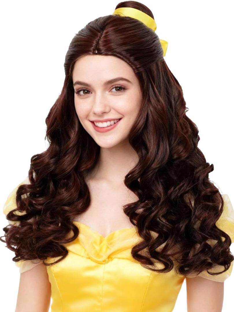 Half and Half Long Brown Curly Princess Wig with Bun + Yellow Ribbon + Wig Cap, 23.6'' Dark Brown Costume Wave Wigs for Women Halloween Party