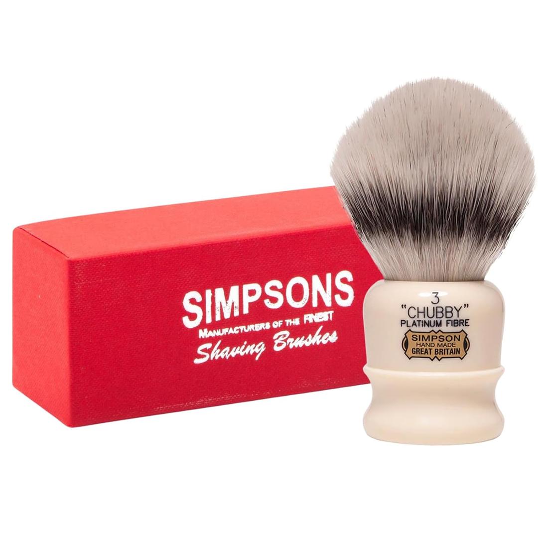 Simpsons Shaving Brush Chubby 3 CH3 Platinum Fibre - Faux Ivory Handle - Premium Wet Shave Tool for Rich Lather - Extra Soft & Dense - Luxury Shaving Brush for Smooth, Comfortable Grooming
