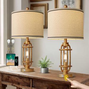 G-SAFAVA 23.75'' Table Lamps Set of 2 for Living Room Bedroom Industrial Farmhouse Metal Touch Lamps with USB A+C Ports, Night Light Vintage Nightstand Bedside Lamp, Bulbs Included, Antique Gold
