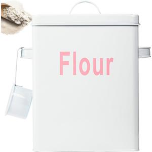 Youeon Metal Flour Container with Scoop and Lid, 6.3 Quart (Holds up to 7 lbs), Galvanized Steel Flour Canister with Handles, Farmhouse Square Storage Bin for Kitchen Counter, Pantry, White