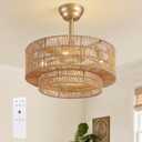 20" Boho Ceiling Fan Light and Remote, Rattan Ceiling Fan light Caged Fandelier with Lights Flush Mount, 6 Wind Speeds Enclosed Ceiling Fan for Bedroom, Living Room, Dining Room, 20in