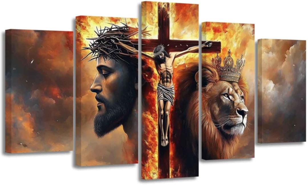 ZSHARTSWD Lion of Judah Cross Canvas Wall Art 5 Piece Jesus and Lion Pictures Christian Cross Painting Print Religious Artwork for Church Office Decor Framed (8x14inx2 8x18inx2 8x22inx1)