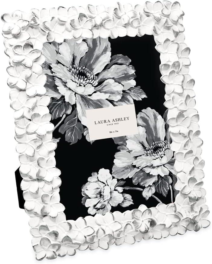 Laura Ashley 5x7 White & Silver Flower Textured Hand-Crafted Resin Picture Frame w/Easel & Hook for Tabletop & Wall Display, Decorative Floral Design Home Dcor, Photo Gallery, Art (5x7, White/Silver) (White w/ Silver)