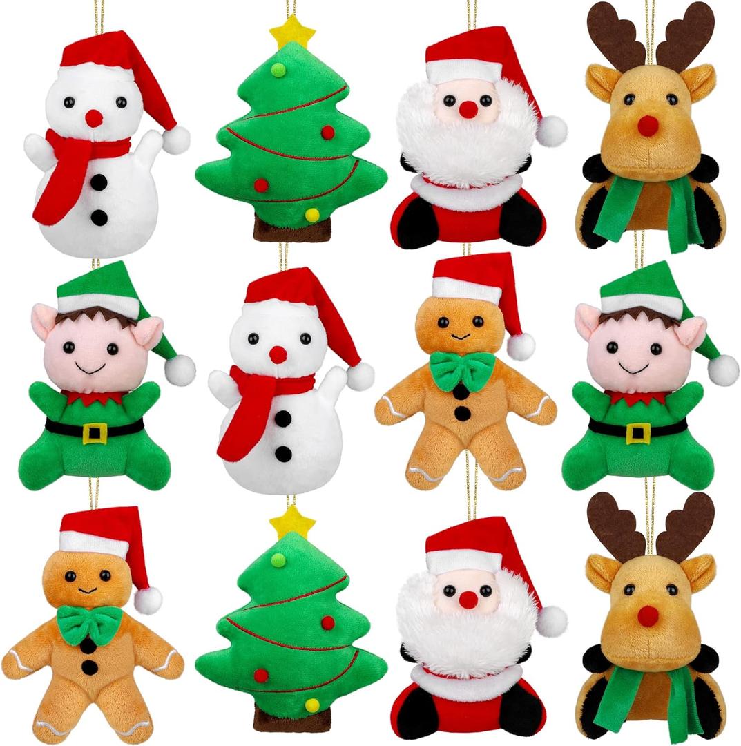 Elcoho 12 Pieces 5.7 Inch Christmas Mini Stuffed Animals Snowman Santa Christmas Tree Elk Gingerbread Man Christmas Elf Hanging Plush Toys Animal Themed Parties