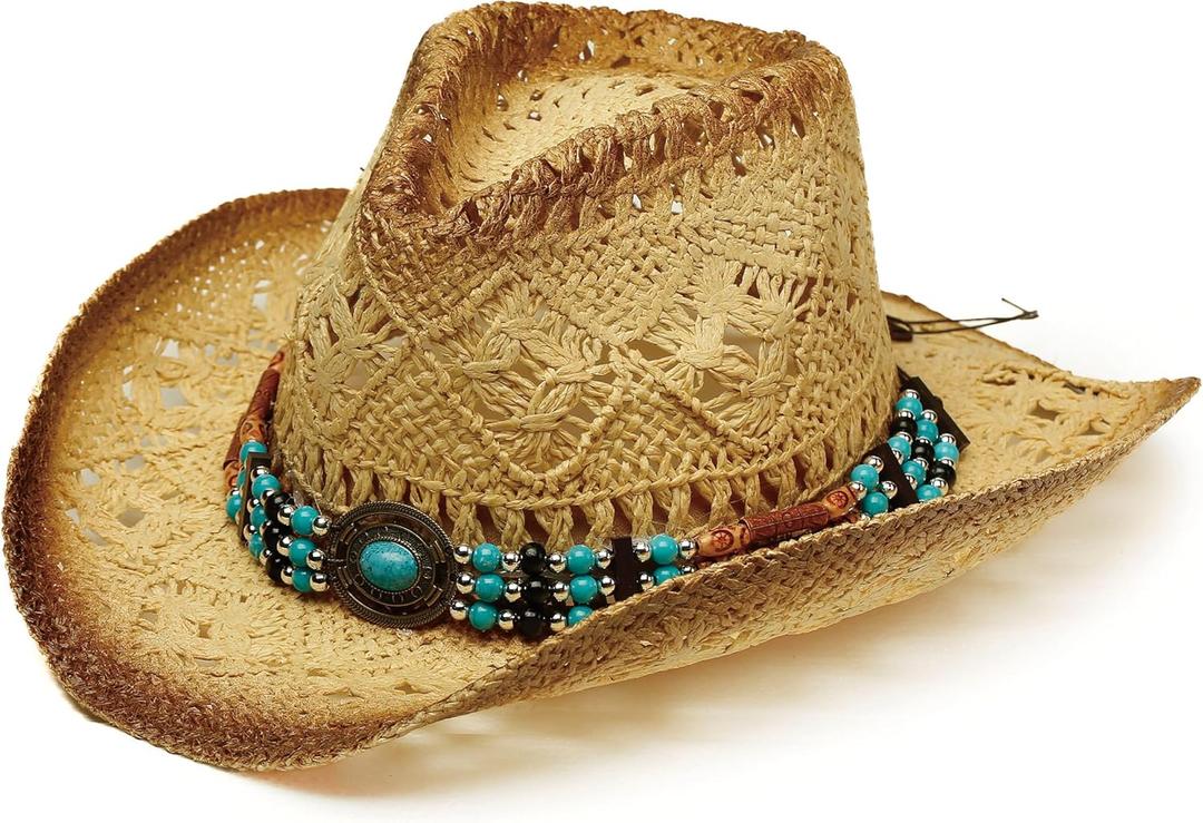 Western Straw Cowboy and Cowgirl Hats with Decorative Bands - Unisex Wide Brim Raffia Style Sun Hat (One Size-Medium, Light Raffia)