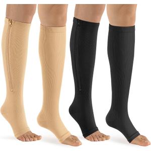 Bropite Zipper Compression Socks Women & Men - 2Pairs Calf Knee High 15-20mmHg Open Toe Compression Stocking suit for Walking (4X-Large, C-Black/Nude)