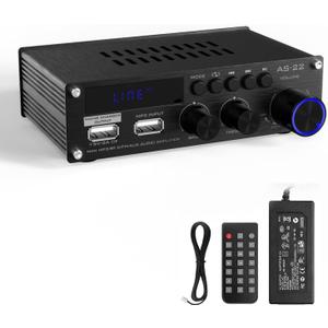 Sunbuck Mini Amplifier, 2 Channel Stereo Amplifier, Power Amplifier Max 300Wx2 Output, Bluetooth Amplifier for Home Speakers, Stereo Receiver with RCA/USB/FM/AUX, Mini Amplifier for Speakers, AS-22