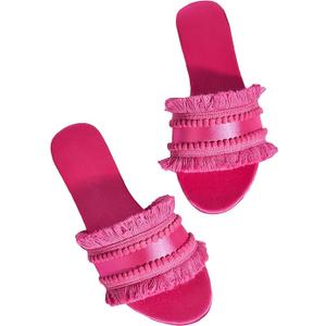 OYOANGLE Women's Fringe Trim Satin Open Toe Flat Slide Sandals Summer Casual Slip on Dressy Sandals  (8, Hot Pink)