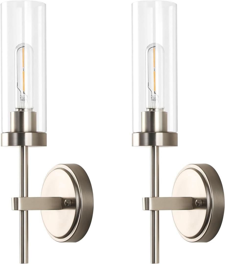 WILON Bathroom Wall Sconces Set of 2, Brushed Nickel Vanity Lights for Bathroom, Indoor Wall Light Fixtures with Clear Glass Shades, Wall Lamp for Mirror Bedroom Living Room Bedside Hallway