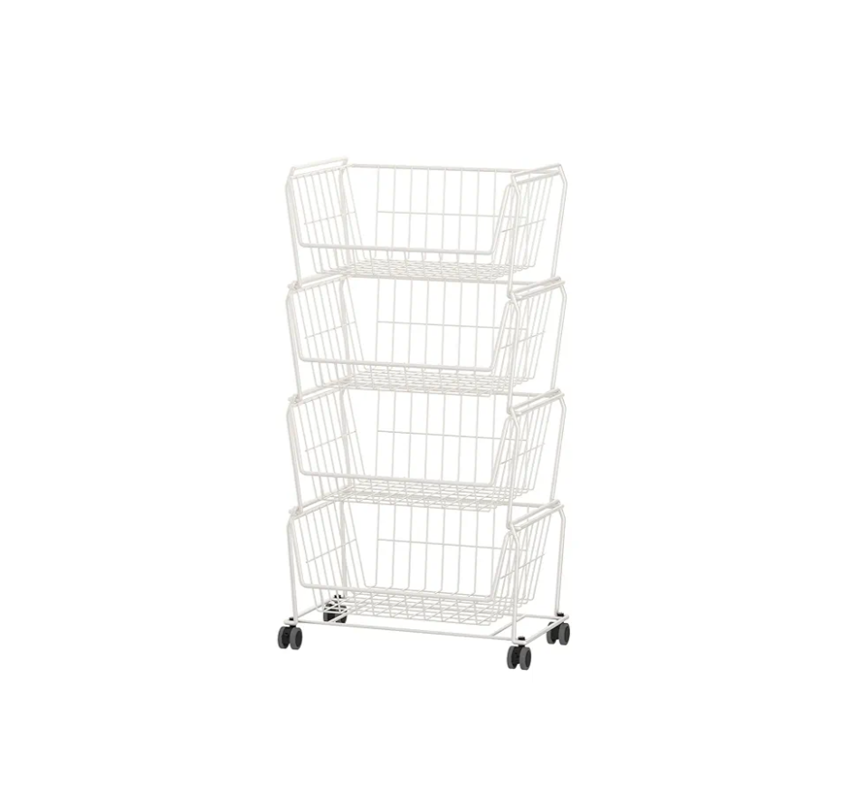 PUSDON Stackable Metal Storage Carts, Dual Use Shelf for Kitchen Fruit Vegetable Baskets with Wheels, Storage Rack for Living Room, Home & Office, Standard White 4 Tiers