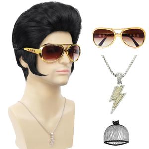 50s 60s Rock Wig + Accessories 5pcs Set Black Mens Rocker Costume Wigs for Singer Star Cosplay Halloween Disco Party or Fun (Black+Glass+Neckace)