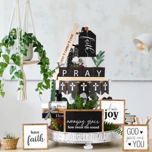 Tatuo 13 Pcs Easter Tiered Tray Decor Set Religious Wooden Table Decor Faith Christian Easter Centerpieces Decorations Rustic Farmhouse Pray Cross Wood Block Signs for Home Church Tabletop