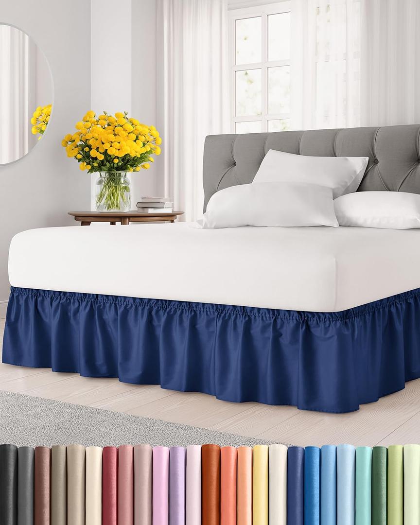Wrap Around Dust Ruffle Bed Skirt - Navy Blue - for King Size Beds with 12 Inch Drop - Elastic Strap - Adjustable Pleated Bedskirt with Brushed Fabric and Wrinkle Free - for Women, Men, Kids & Teens, King/Cal King