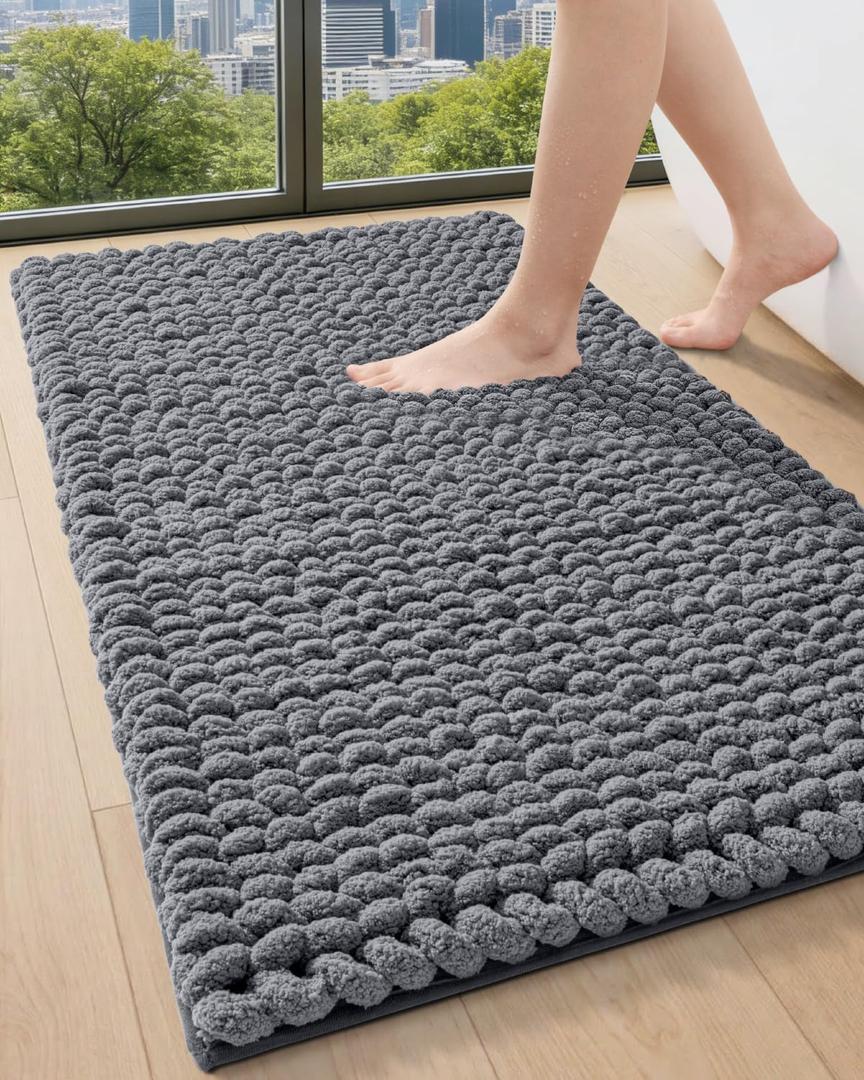 DEXI Bathroom Rugs 24x43, Non Slip Washable Bath Mat, Luxury Chenille Super Absorbent Ultra Thick Bathmats for Shower Floor, Plush Fluffy Shaggy Carpet for Tub, Dark Grey