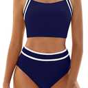 BMJL Women's High Waisted Bikini Sets Two Piece Swimsuits Sporty Tummy Control Bathing Suit Color Block Swim Suit (Large, Navy Blue)