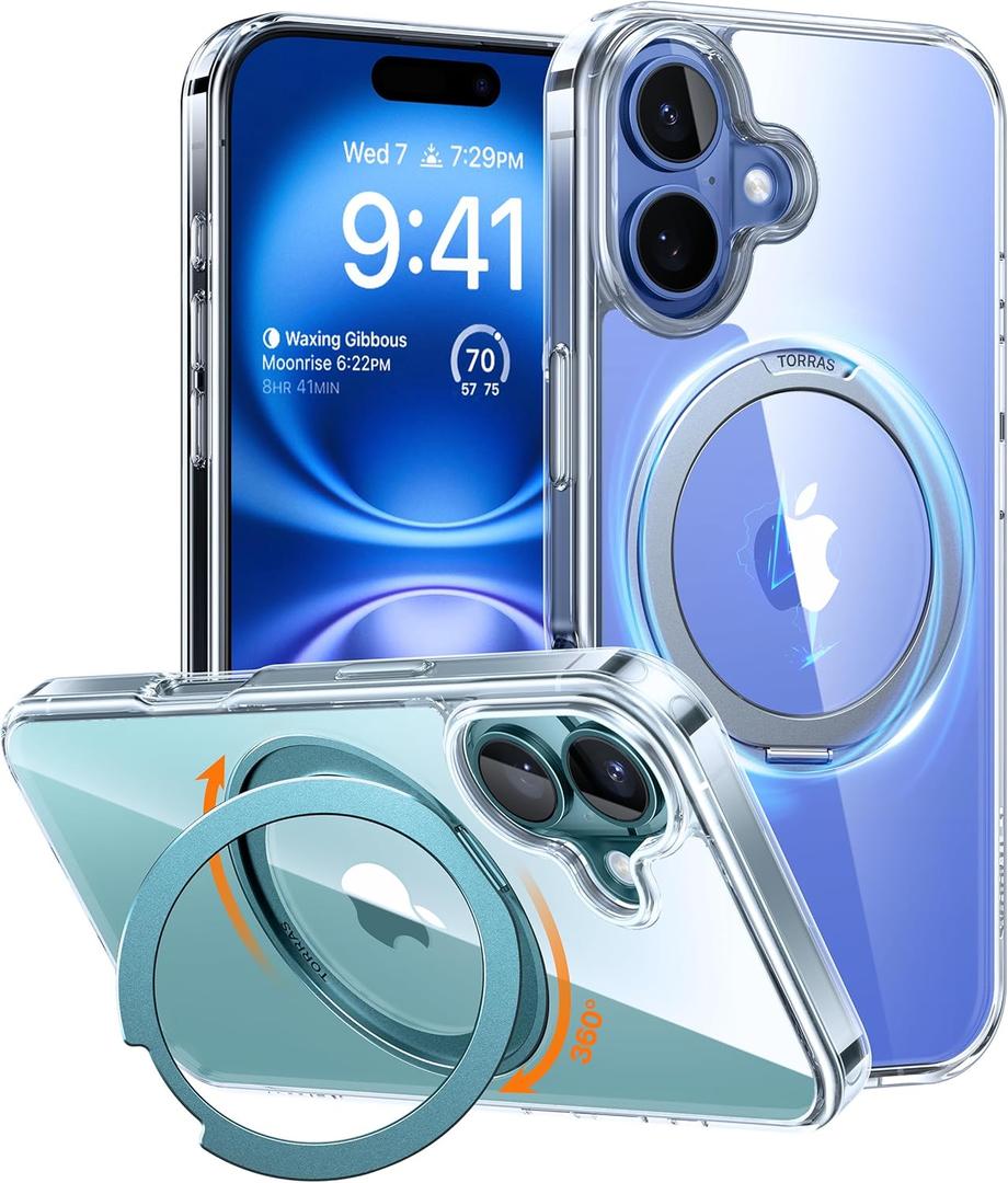 TORRAS 360 Magnetic Stand for iPhone 16 Case, [Compatible with MagSafe] [Rotatable Flexible Kickstand], 16ft Mil-Grade Shockproof Protection Versatile Ring Holder, Anti-Yellow & Crystal Clear 6.1"