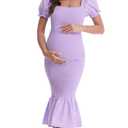 Maternity Summer Midi Bodycon Dresses, Short Puff Sleeve Square Neck Ruffle Hem Mermaid Baby Shower Dress Purple S (Purple, S)