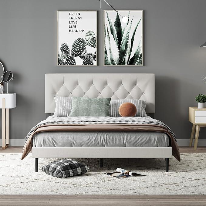 LUBEDCY Queen Size Velvet Platform Bed Frame with Upholstered Headboard, Sturdy Wooden Slats, No Springs Required, Easy to Assemble, Noiseless Sleep, Light Grey
