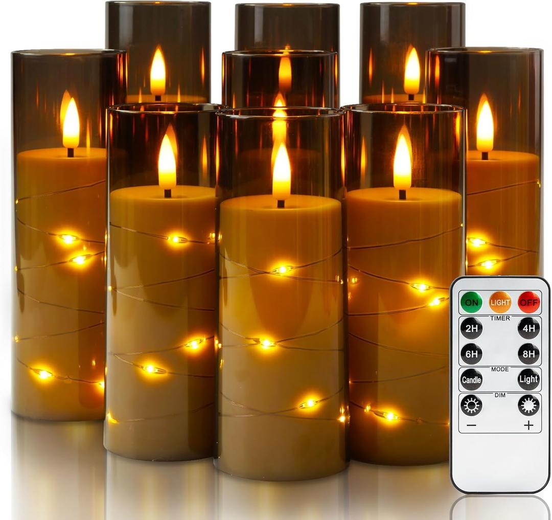 Homemory Flameless Candles with Embedded Star String Fairy Lights, Acrylic Battery Operated Candles with Remote Control and Timer, Flickering LED Candle for Halloween, Grey, Set of 9, D2.2xH567