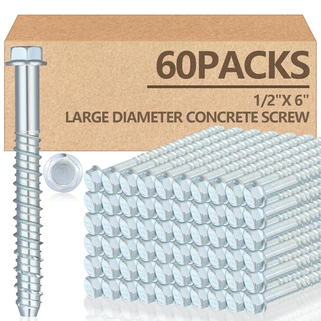 Tandefio 60 Pack 1/2" x 6" Concrete Screw Anchor Galvanized Large Diameter Heavy Duty Plated Concrete Anchors for Masonry Brick Anchoring Block Decking Framing Hex Drive