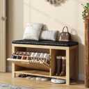 UNIQUITE 40" Shoe Storage Bench with Flip Drawers & Padded Seat Cushion, Open Compartments & Slatted Doors, Entryway Bench with Shoe Storage for Entryway, Hallway, Living Room, Bedroom, Natural