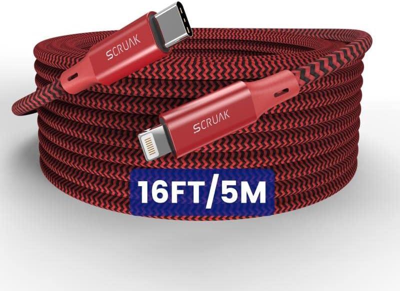 Extra Long iPhone Charger Cord 16Ft, SCRUAK [MFi Certified] 16 Ft USB C to Lightning Cable Fast Charging Nylon Braided iPhone Charger Cable for iPhone 14/14 Pro/14 Pro Max/13/12, iPad, AirPods...(Red)