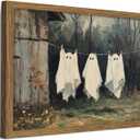 Halloween Ghost Wall Art, Vintage Rustic Cottage Clothesline Ghost Canvas Wall Decor Painting, Gothic Spooky Farmhouse Halloween Artwork Prints Pictures for Bedroom Bathroom 12X16 Inch Wood Framed