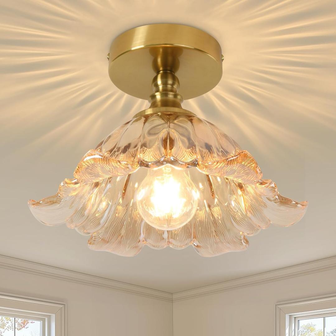 Semi Flush Mount Ceiling Light Fixture, 11in Amber Glass Vintage Light Fixtures Ceiling for Hallway Kitchen Foyer Entryway Bedroom, E26 Base
