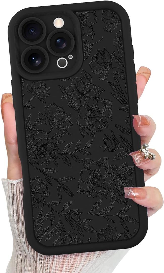 MZELQ for iPhone 16 Pro Case, Silicone Floral Flower Cute Pattern, Camera Protection Soft Slim Shockproof for Girls Women -Black