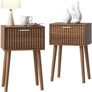 LAATOOREE Nightstands Set of 2, Small Fluted Side Table, Bedside Table with Solid Wood Feet; Modern Mid-Century End Table for Bedroom, Small Space
