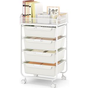 Rolling Utility Storage Cart with 4 Drawers - 4 Tiers Rolling Cart Craft Cart, Storage Drawer Cart Organizer for Craft Room Office Bedroom Classroom with Mesh Top & 4 PCS DIY Label, White